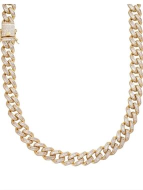 Baguette Prong Miami Cuban Link Chain Necklace Iced Out CZ Stones - 14k Gold Ver